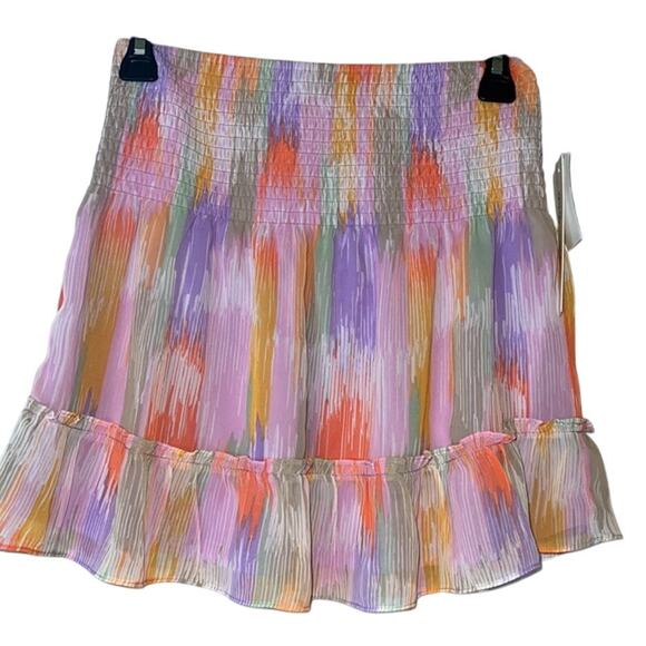 AQUA Ladies Bright Abstract Brushstroke Print Smocked Ruffle Skirt, NWT! - Picture 2 of 4